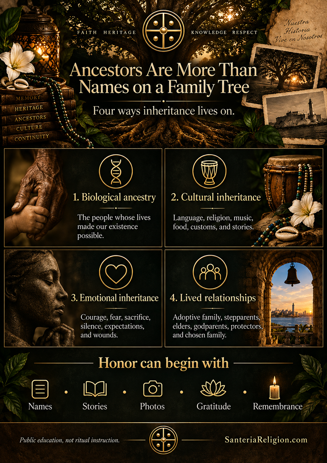 Educational chart showing biological ancestry, cultural inheritance, emotional inheritance, and lived relationships as four ways inheritance continues across generations.