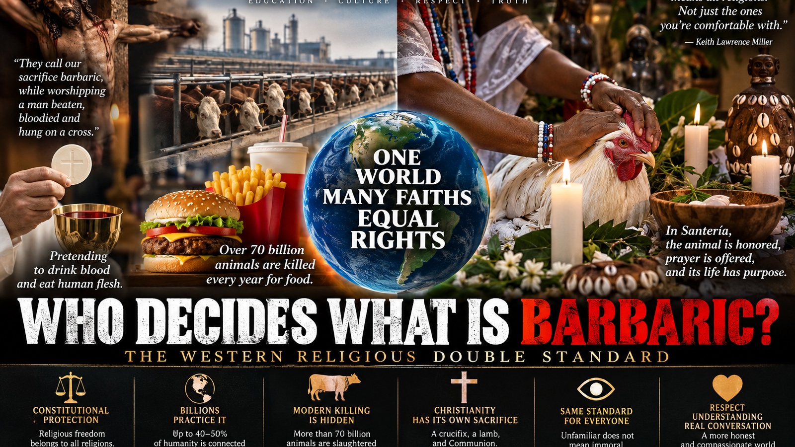 Split-screen comparison of industrial meat production and a respectful Santería ceremonial setting, asking who decides what is barbaric.