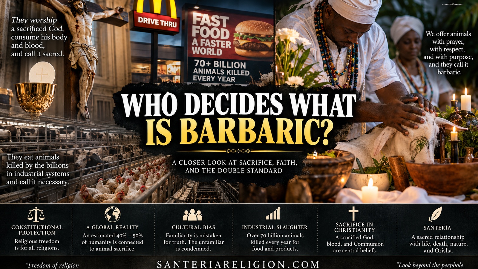 Visual comparison of Christian sacrificial imagery, industrial meat consumption, and Santería animal sacrifice under prayer.