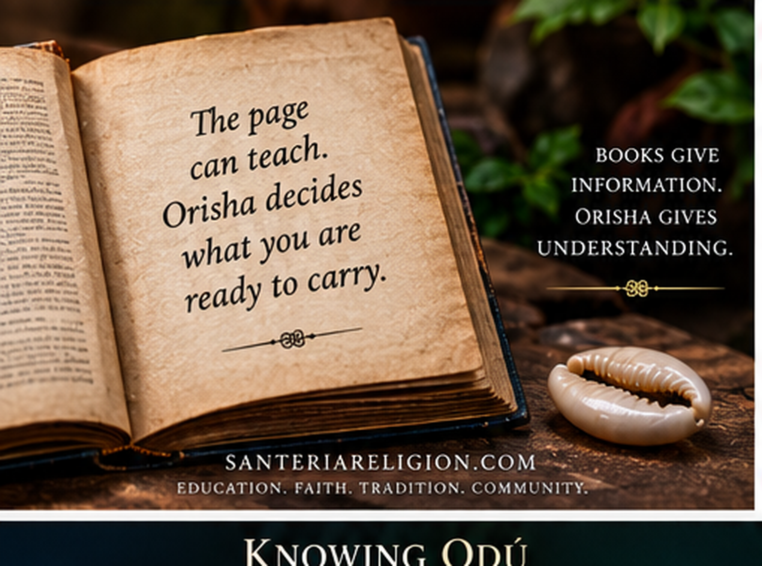 Open-book quote graphic reading The page can teach. Orisha decides what you are ready to carry.