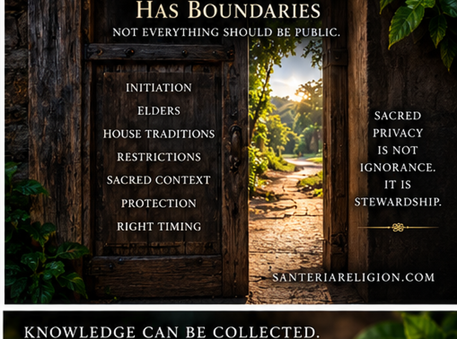 Sacred Knowledge Has Boundaries graphic illustrating initiation, elders, house traditions, restrictions, sacred context, protection, and right timing.