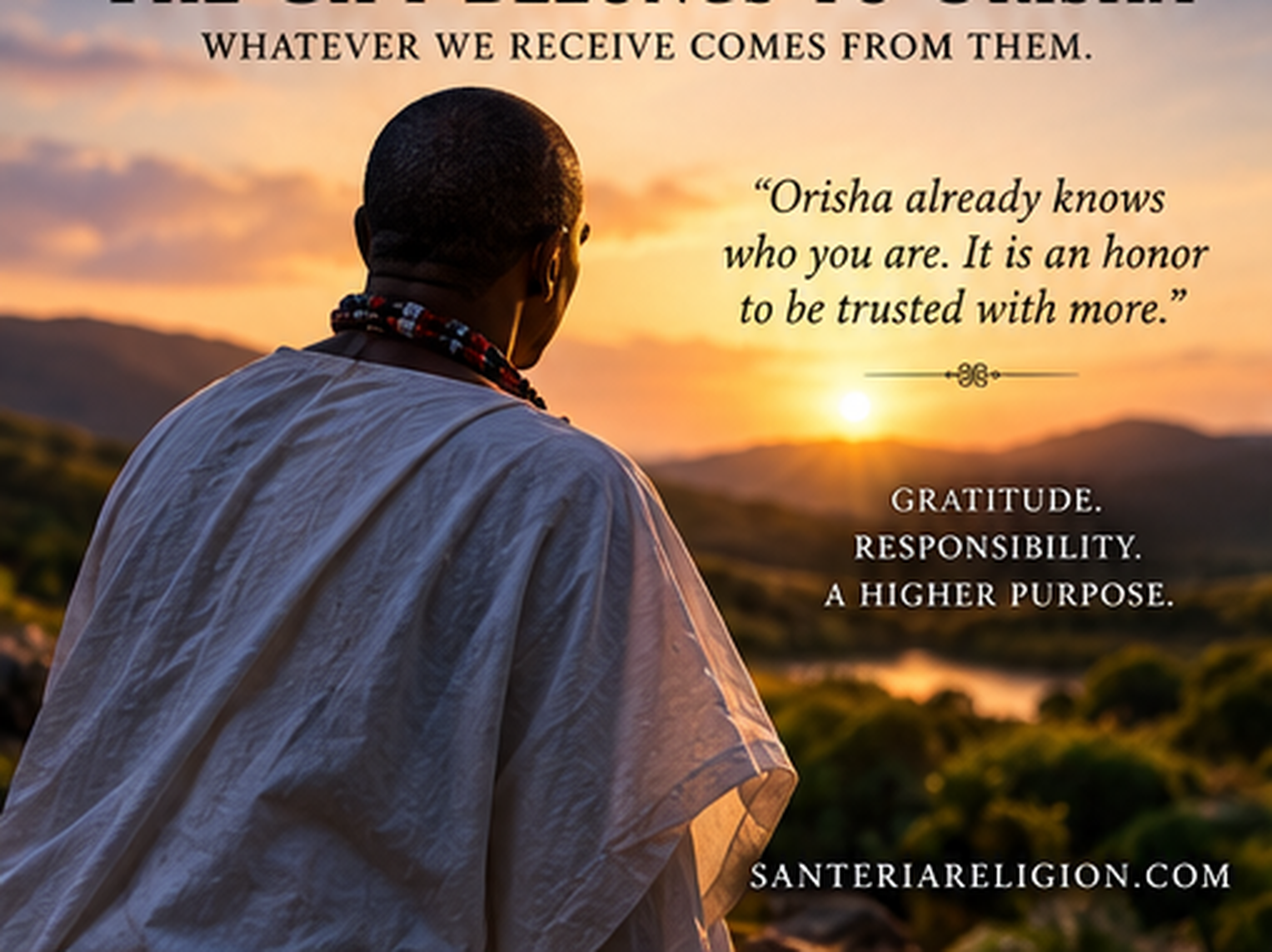 Sunset devotional graphic titled The Gift Belongs to Orisha, emphasizing gratitude and responsibility.