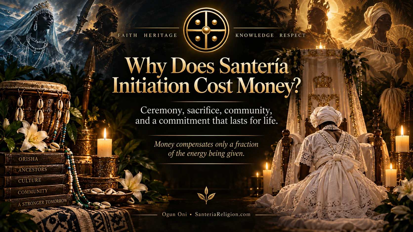 Premium SanteriaReligion.com illustration about the cost of Santería initiation, showing an iyawó in white before a ceremonial throne, Orisha imagery, the Portal Seal, candles, cowries, and sacred community symbolism.