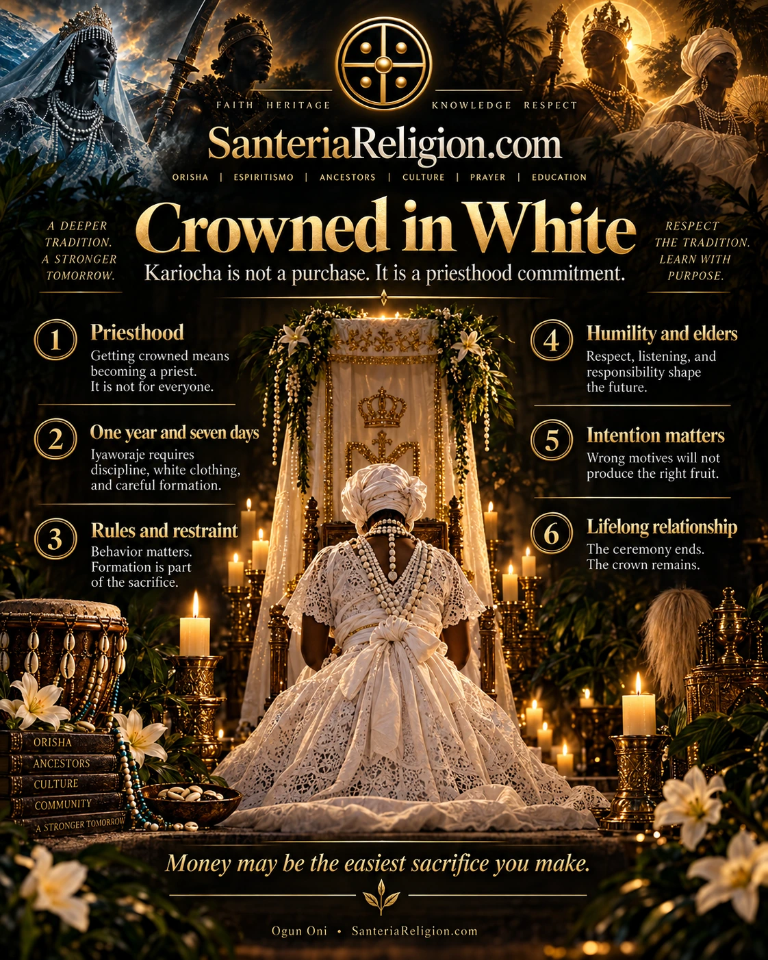 An iyawó dressed in white beneath a ceremonial throne in a premium SanteriaReligion.com illustration explaining priesthood, iyaworaje, humility, intention, and lifelong responsibility.