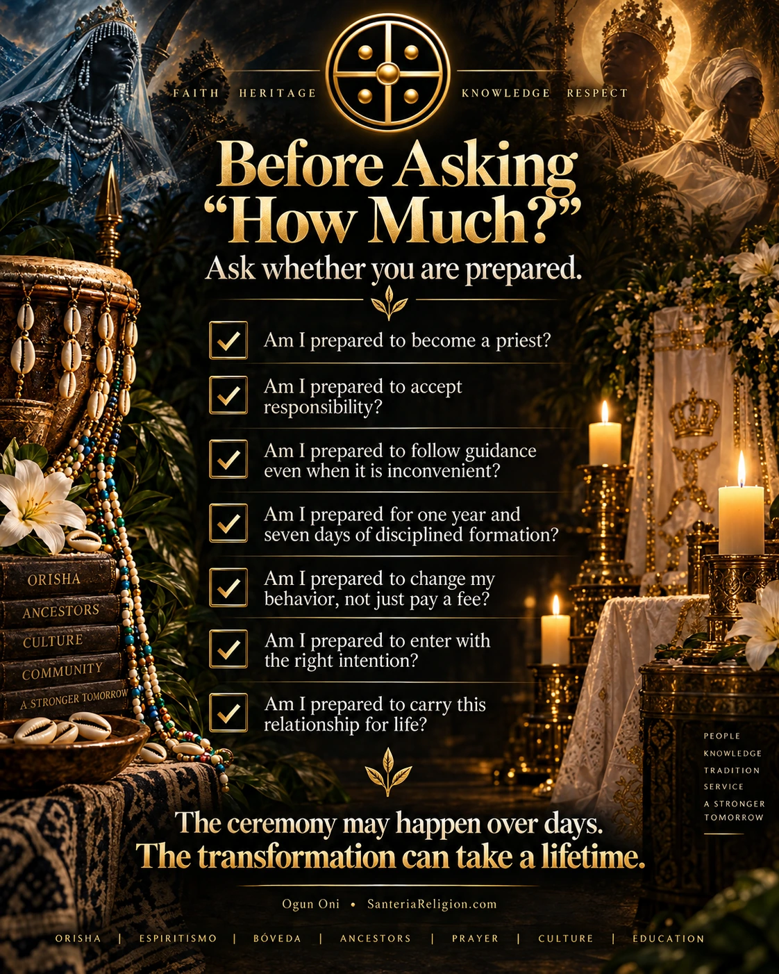 SanteriaReligion.com checklist asking whether a person is prepared for priesthood, responsibility, religious guidance, one year and seven days of disciplined formation, personal change, right intention, and lifelong commitment.