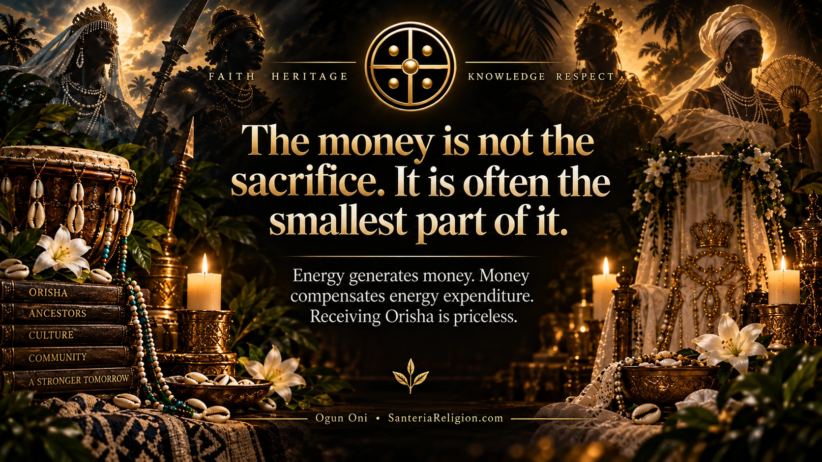 SanteriaReligion.com banner stating that money is not the sacrifice and often the smallest part of it, surrounded by Orisha imagery and ceremonial objects.