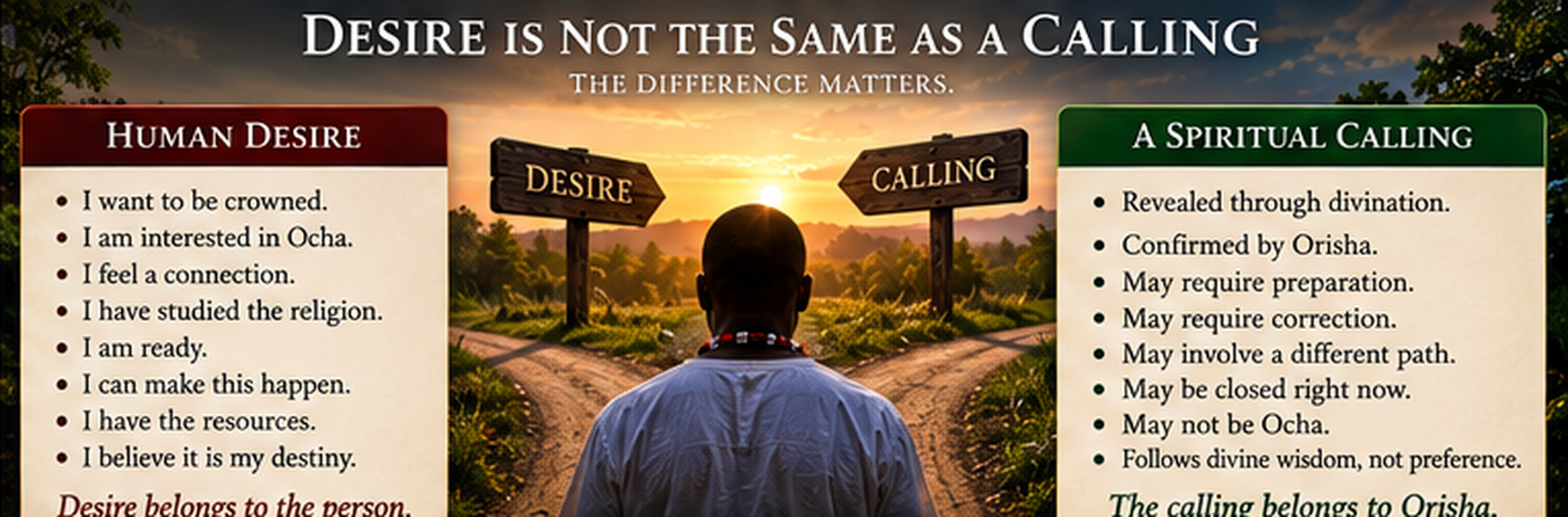 Comparison graphic explaining the difference between human desire and a spiritual calling to Ocha.