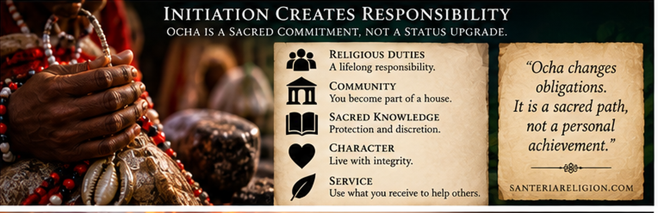 Initiation Creates Responsibility infographic about religious duties, community, sacred knowledge, character, and service.