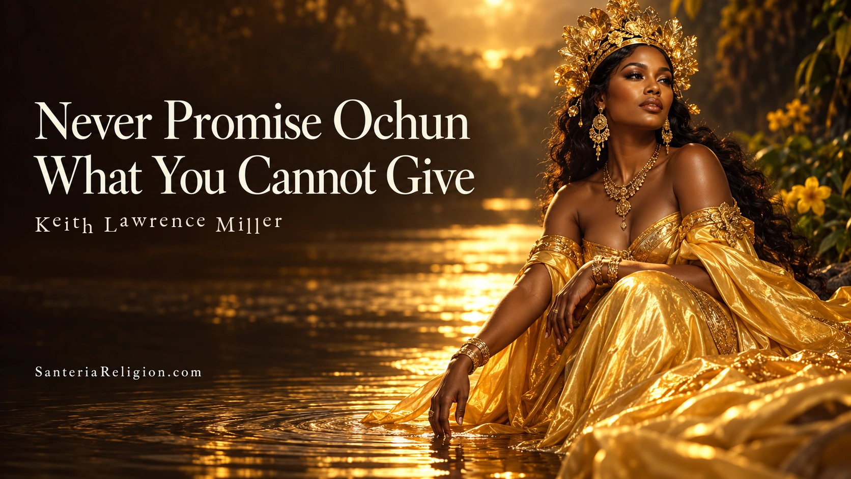 Artistic portrayal of Ochun in a liquid-gold gown beside a sunlit river, with the article title Never Promise Ochun What You Cannot Give