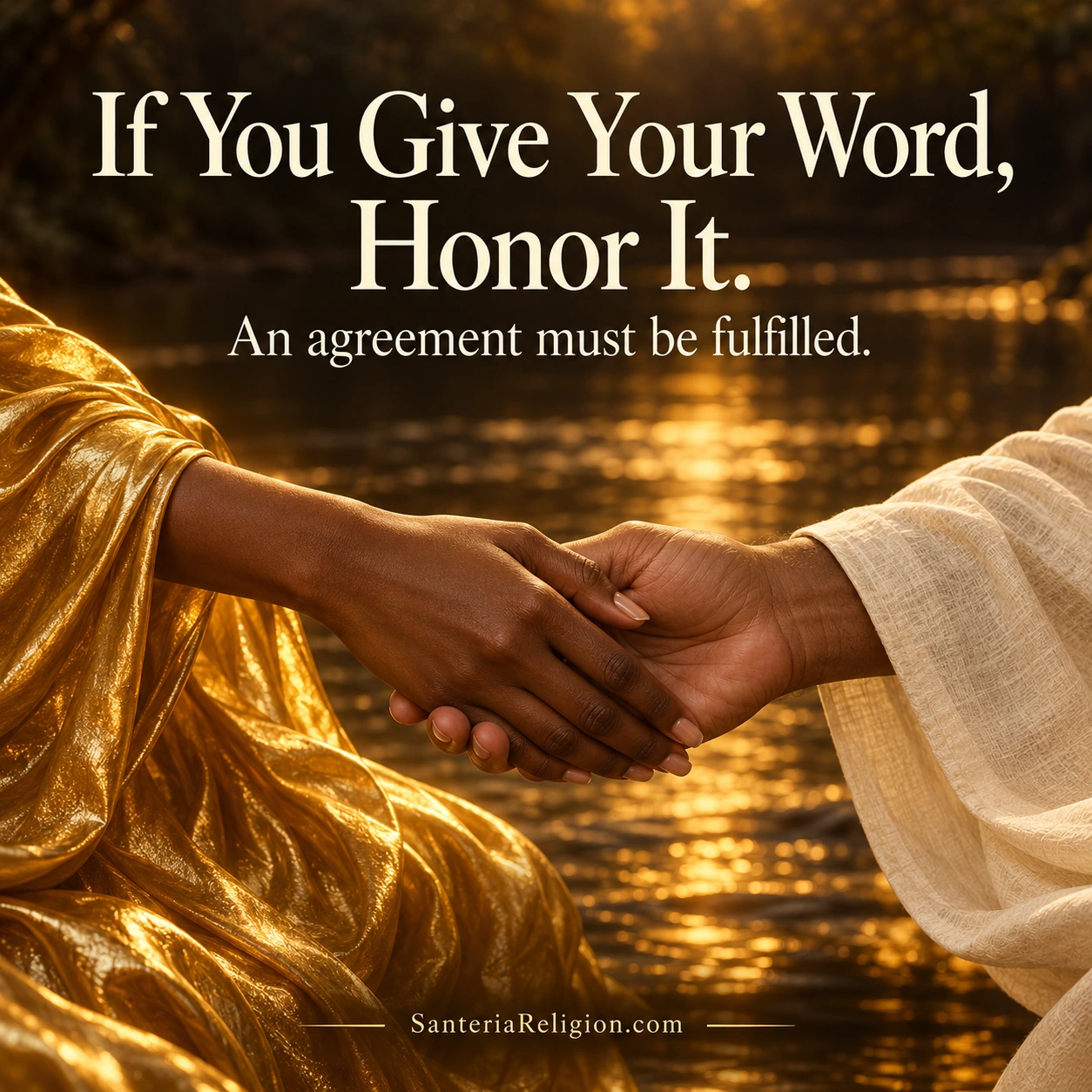 Two adult hands meet in a gesture of agreement, framed by liquid-gold and ivory clothing, with the message If You Give Your Word Honor It