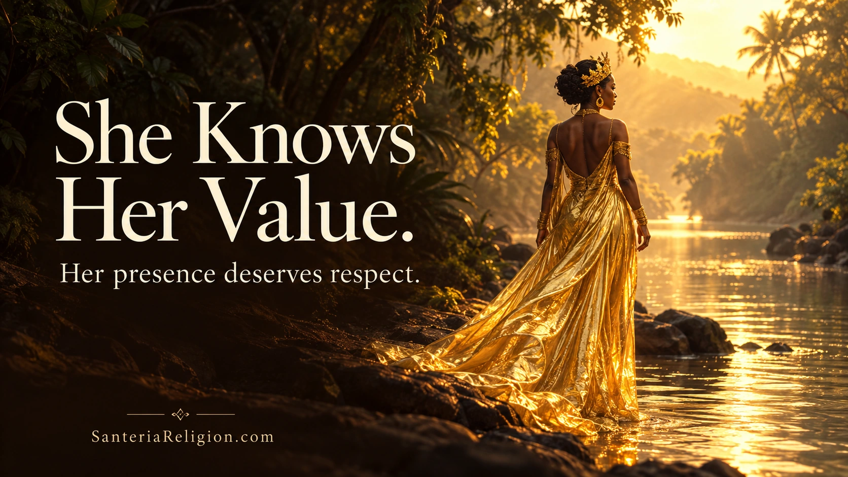 Artistic portrayal of Ochun in a flowing gold gown looking over a sunlit river, with the message She Knows Her Value