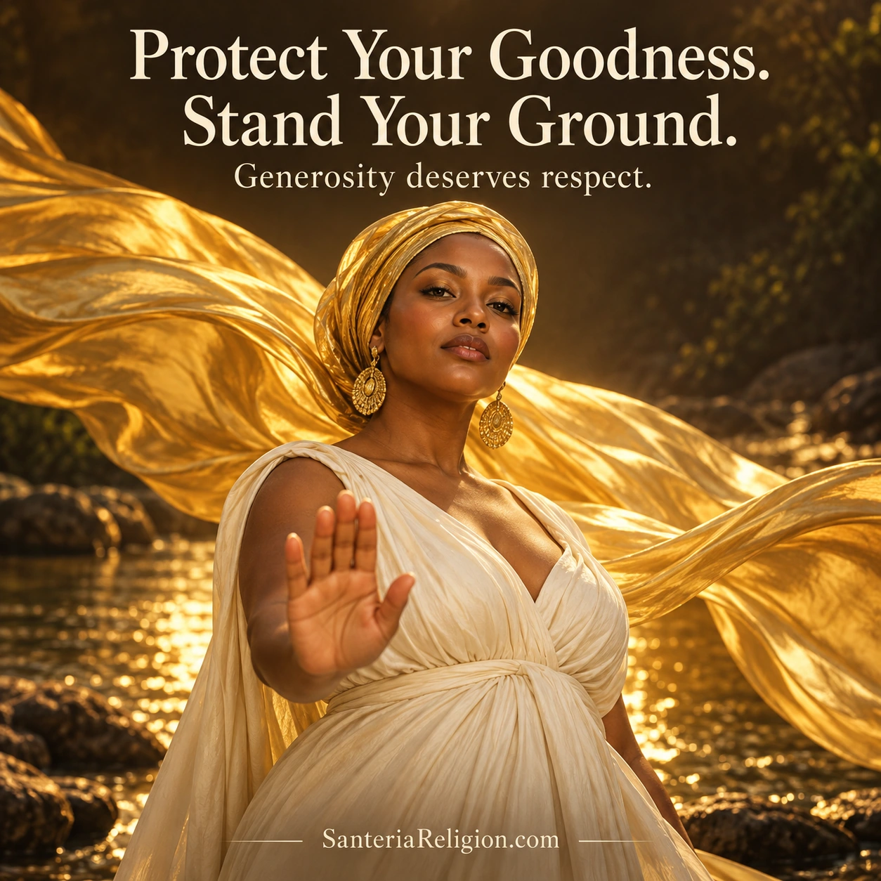 Adult woman raises an open palm to set a calm boundary, backed by luminous golden fabric, with the message Protect Your Goodness Stand Your Ground