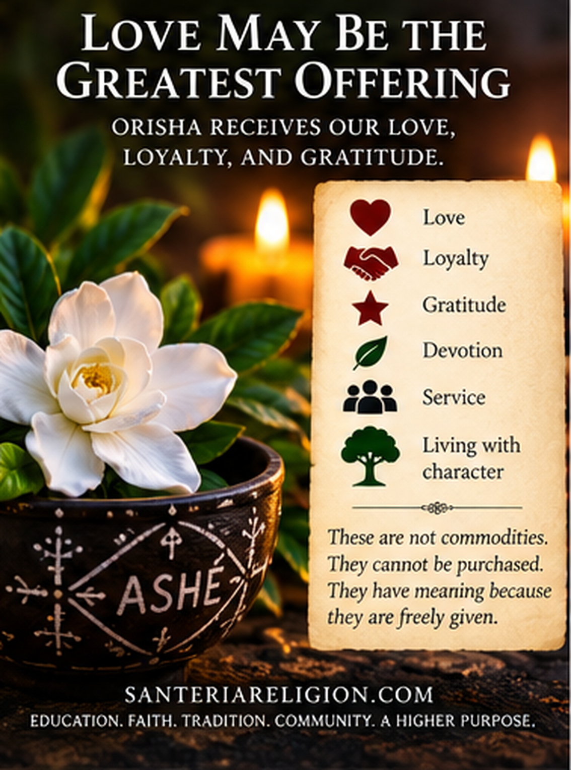 Love May Be the Greatest Offering graphic highlighting love, loyalty, gratitude, devotion, service, and living with character.