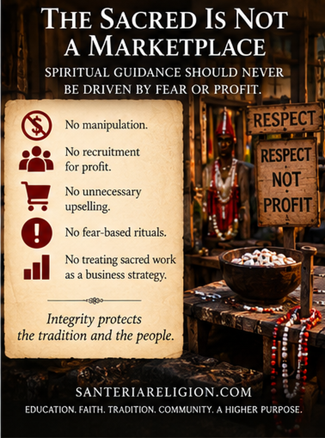 The Sacred Is Not a Marketplace infographic rejecting manipulation, recruitment for profit, unnecessary upselling, fear-based rituals, and treating sacred work as a business strategy.