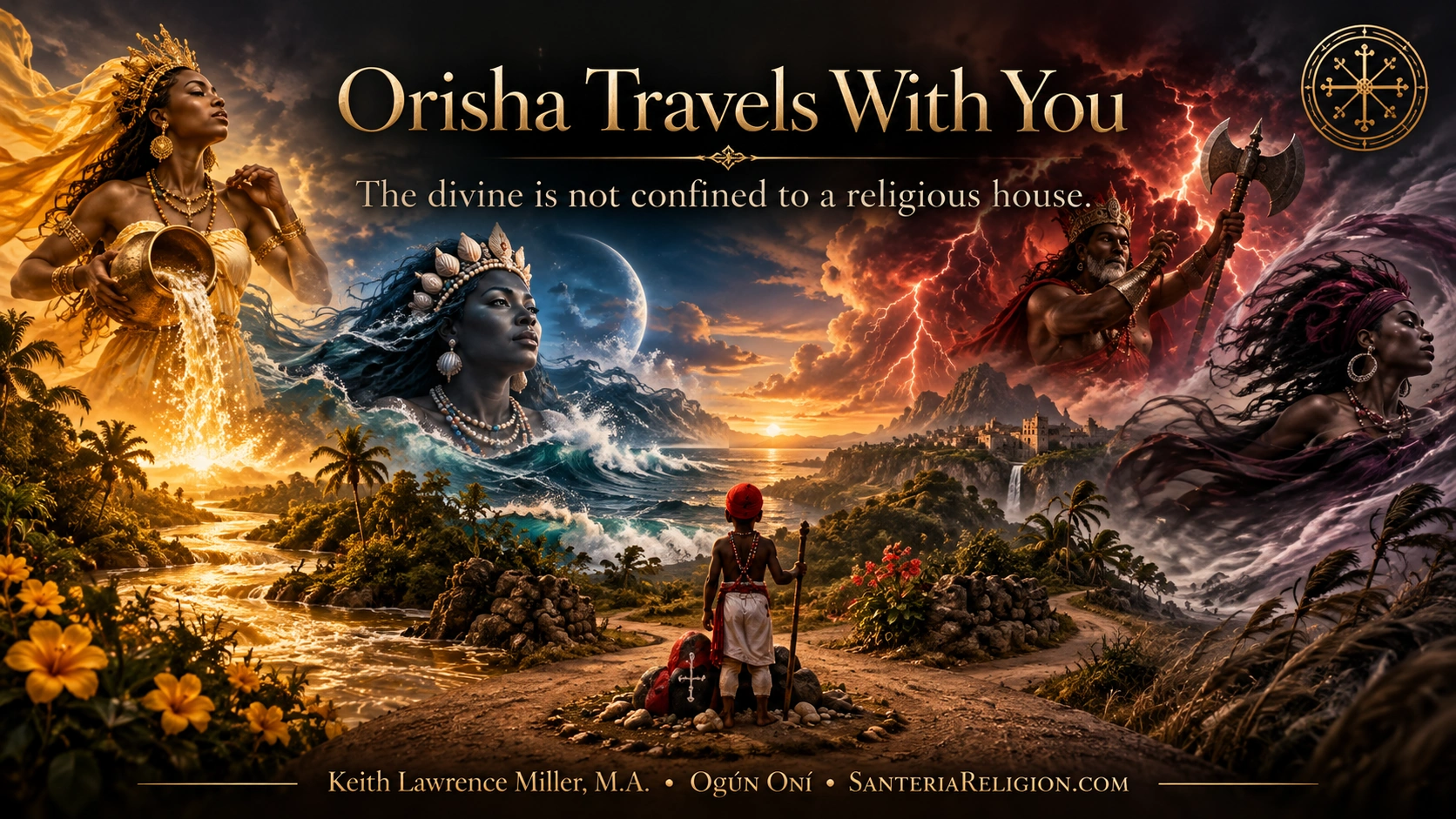 Illustrated Orisha associated with river, ocean, thunder, and wind surrounding a traveler at a crossroads under the headline Orisha Travels With You.