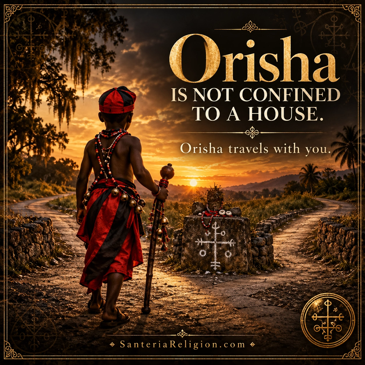 Illustrated figure at a country crossroads with text declaring that Orisha is not confined to a house.