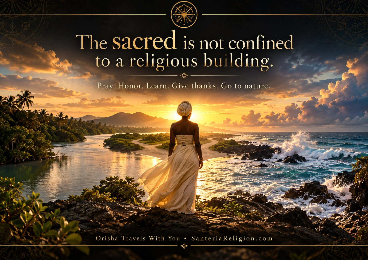 Person in white overlooking a meeting of river and ocean at sunset, with the message that the sacred is not confined to a religious building.