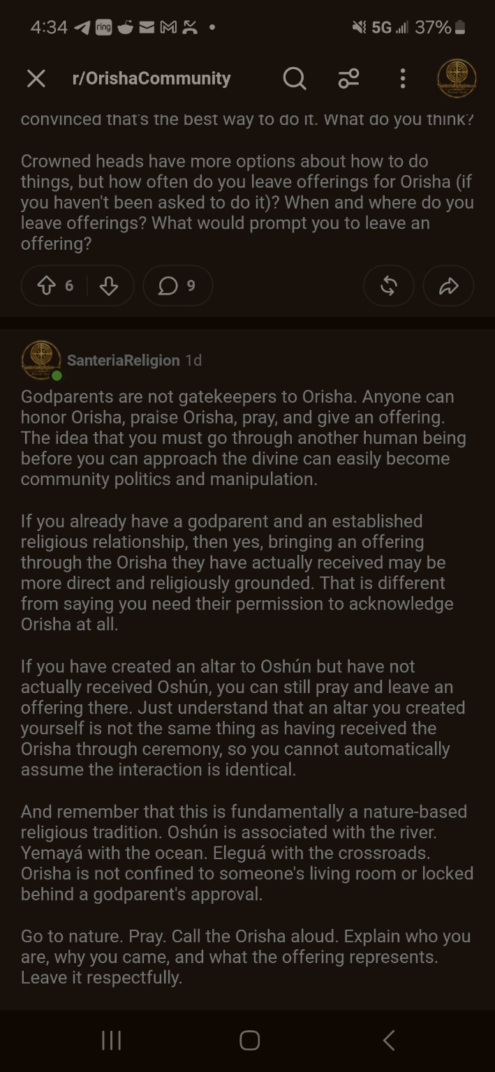 Original Reddit screenshot: Response from u/SanteriaReligion, including the acknowledgment that home altars differ from consecrated Orisha.
