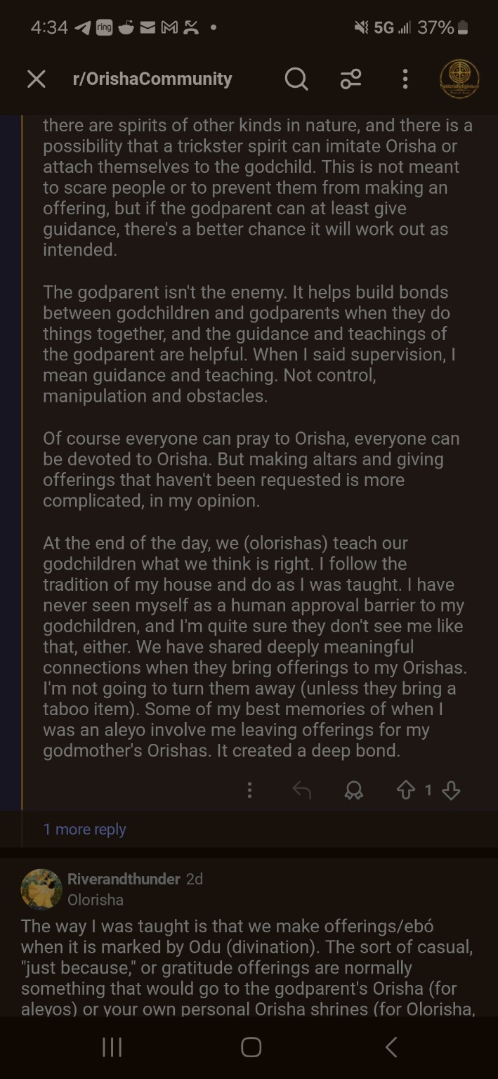 Original Reddit screenshot: Continuation of u/EniAcho’s response about offerings, guidance and spirits.