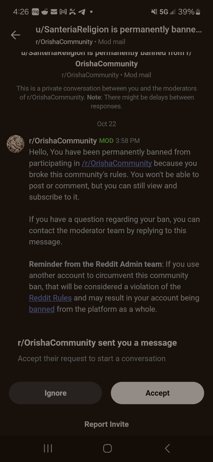 Original Reddit screenshot: October 22 permanent ban notice, showing the time 3:58 p.m.