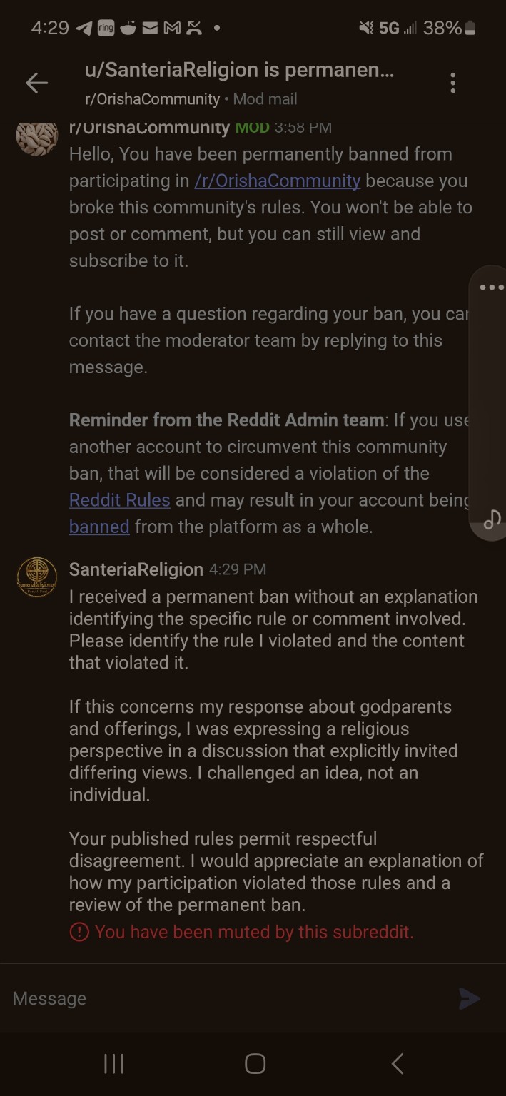Original Reddit screenshot: October 22 appeal at 4:29 p.m. and the subreddit mute notice.