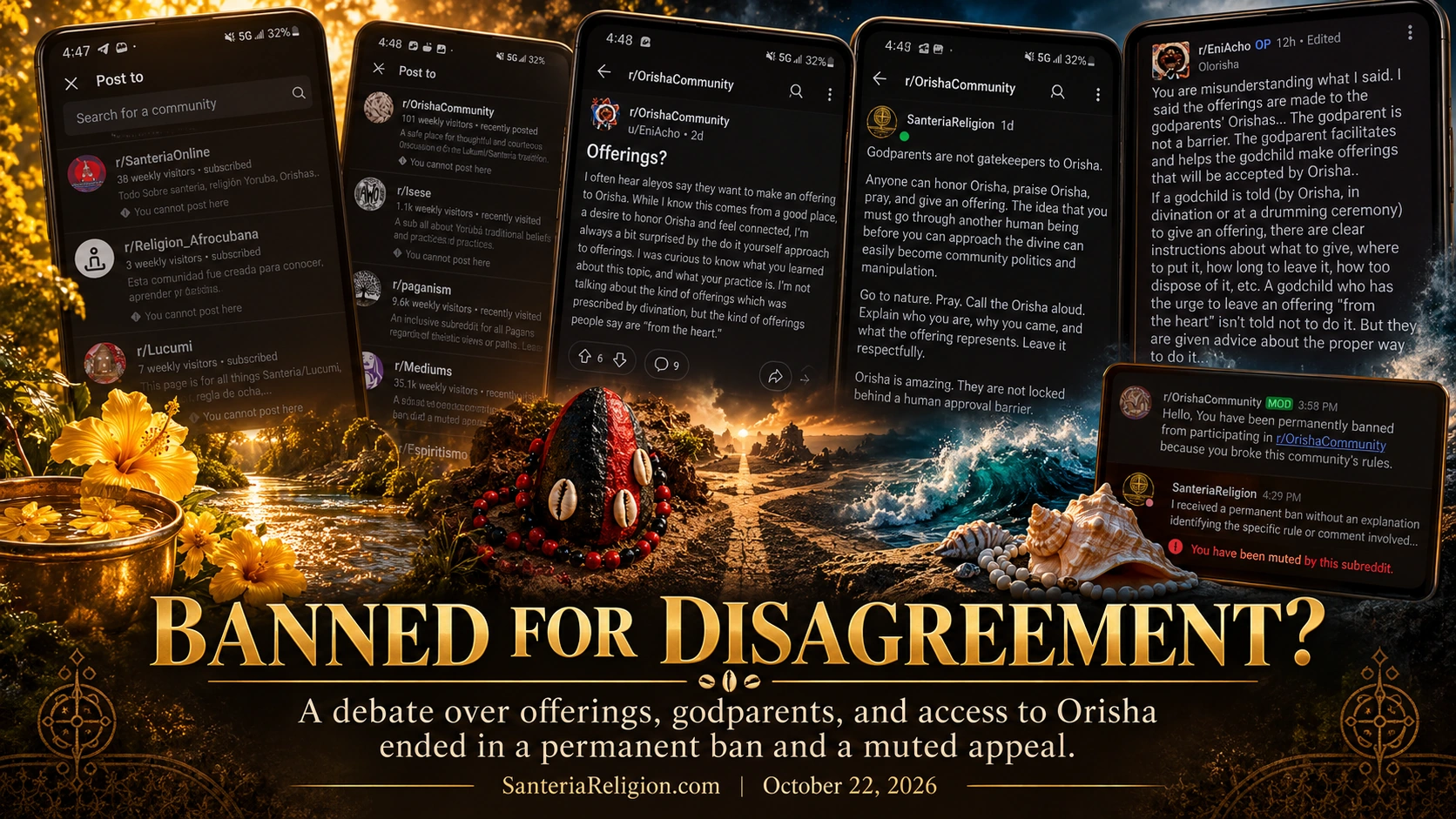 Editorial feature illustration titled Banned for Disagreement? with Orisha symbolism, a river and ocean, and illustrated Reddit discussion and ban panels.