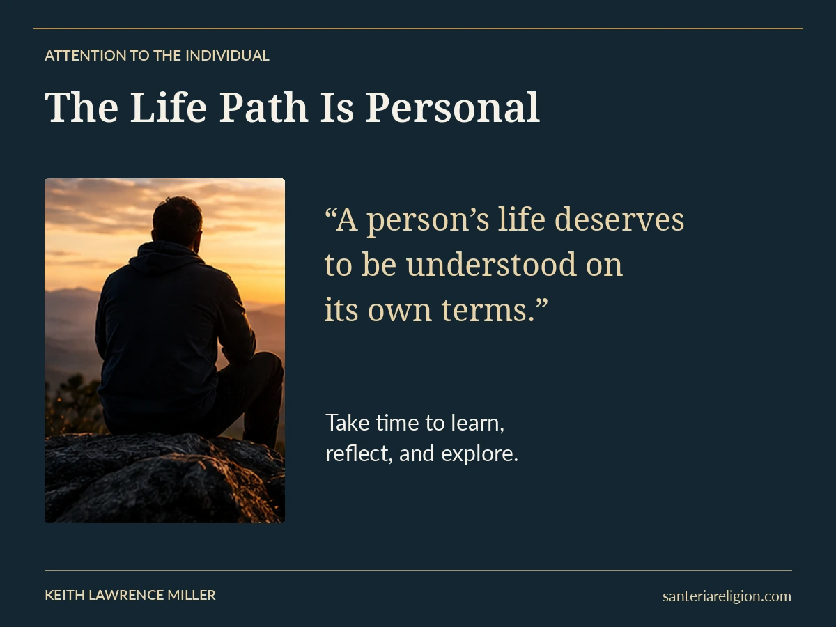 A person sits overlooking a sunrise beside the quotation A person’s life deserves to be understood on its own terms.