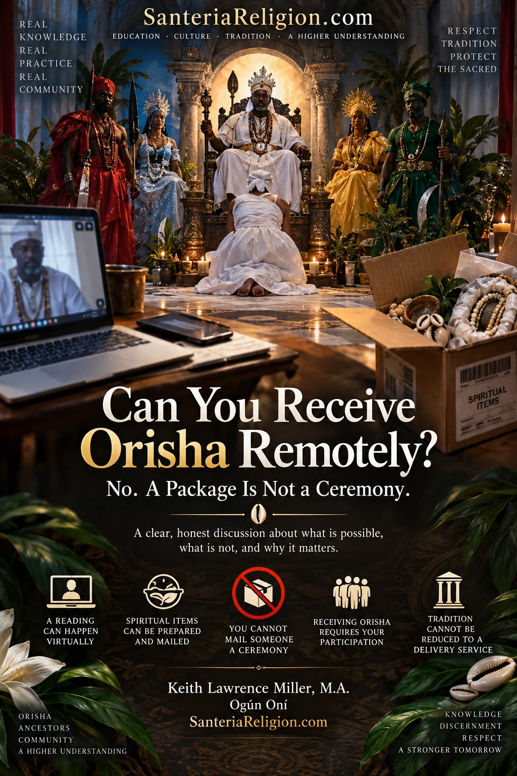 SanteriaReligion.com educational graphic asking whether Orisha can be received remotely, contrasting a virtual consultation and mailed religious objects with an in-person ceremony.