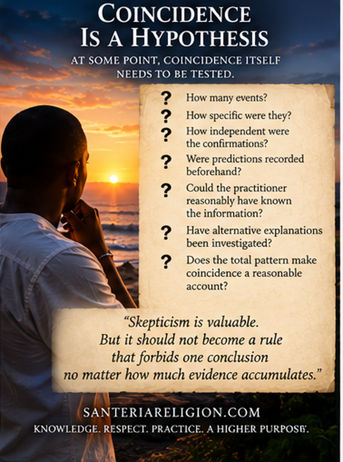 Coincidence Is a Hypothesis graphic listing questions about number of events, specificity, independence, predictions, information access, and alternative explanations.
