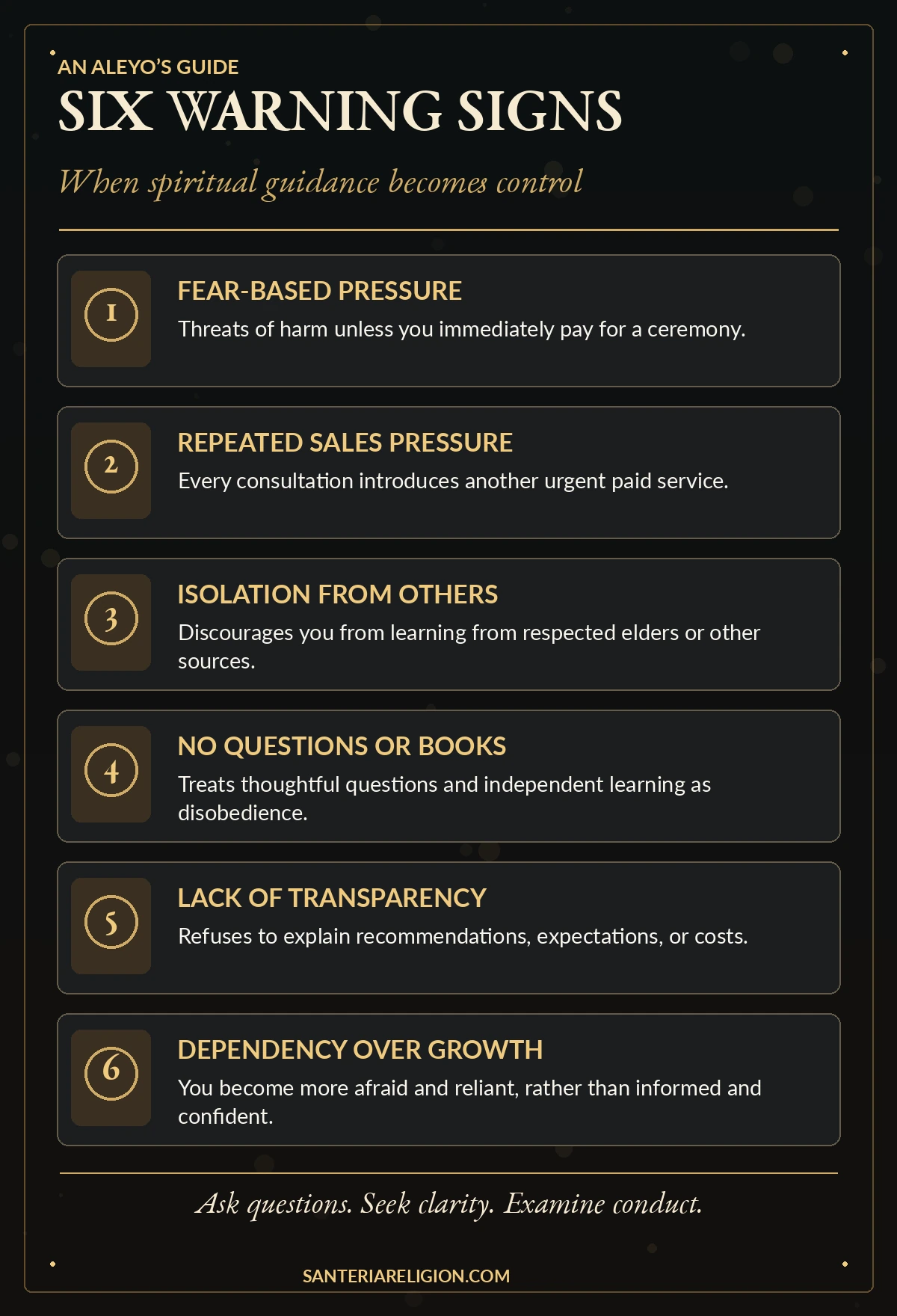 Six warning signs infographic for aleyos: sales pressure, fear, information control, lack of accountability, dependency and gatekeeping.