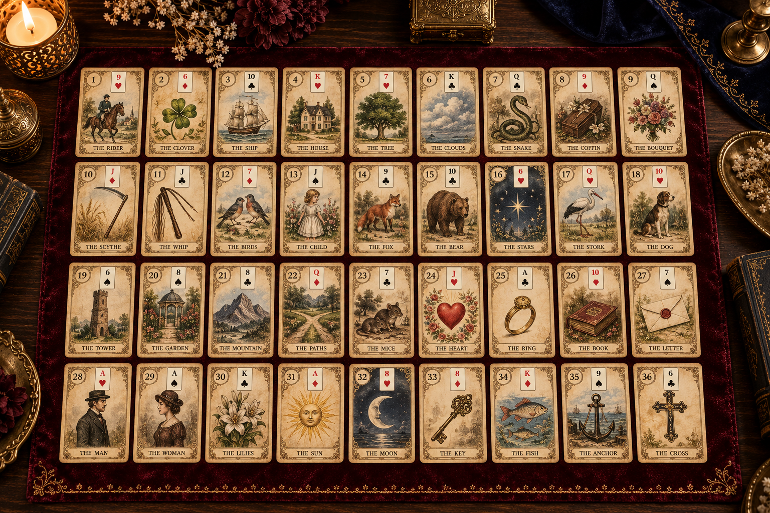 Illustrative overhead view of a complete 36-card Lenormand Grand Tableau in four rows of nine on a burgundy velvet reading cloth.