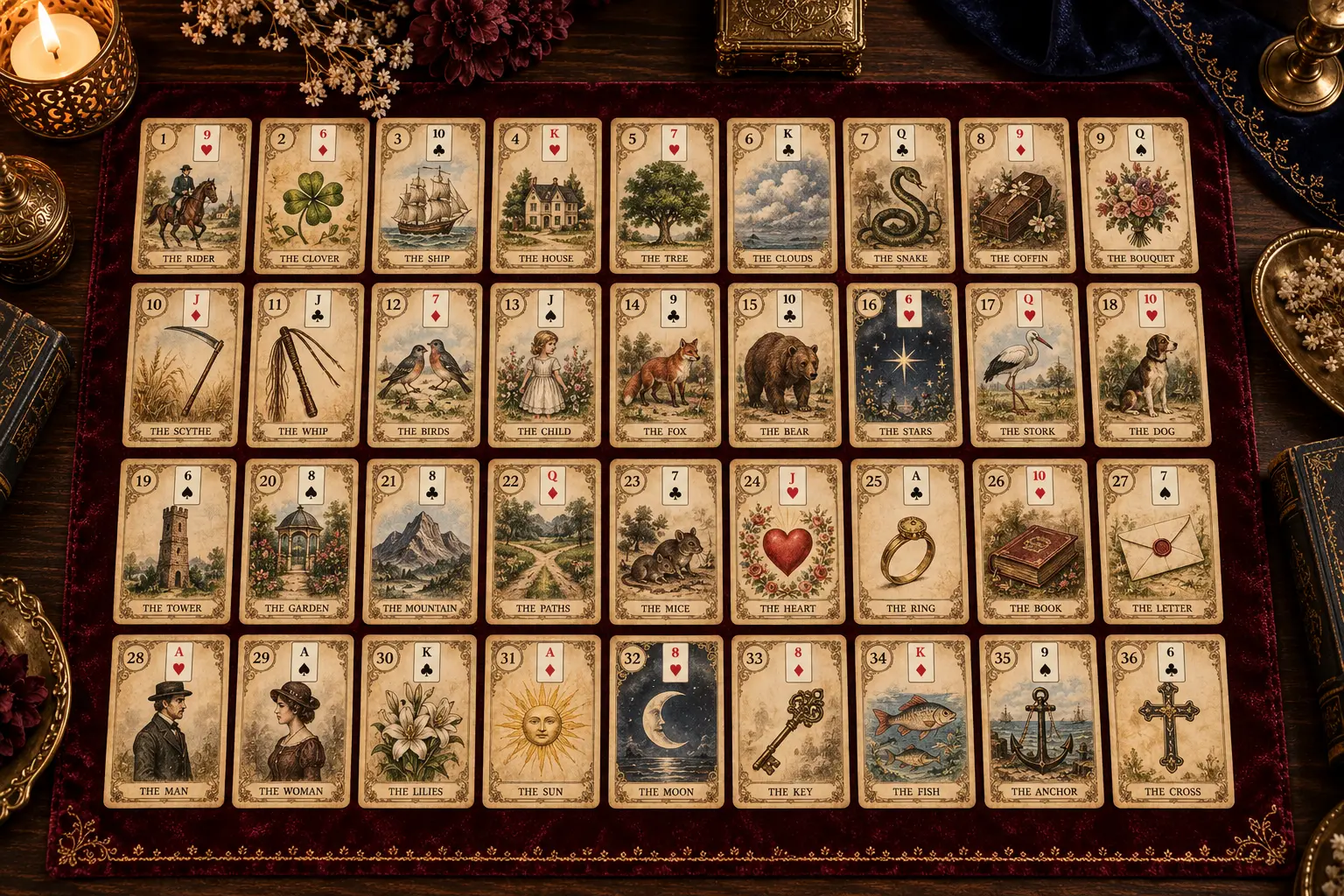 Illustrative complete 36-card Lenormand Grand Tableau in four rows of nine.