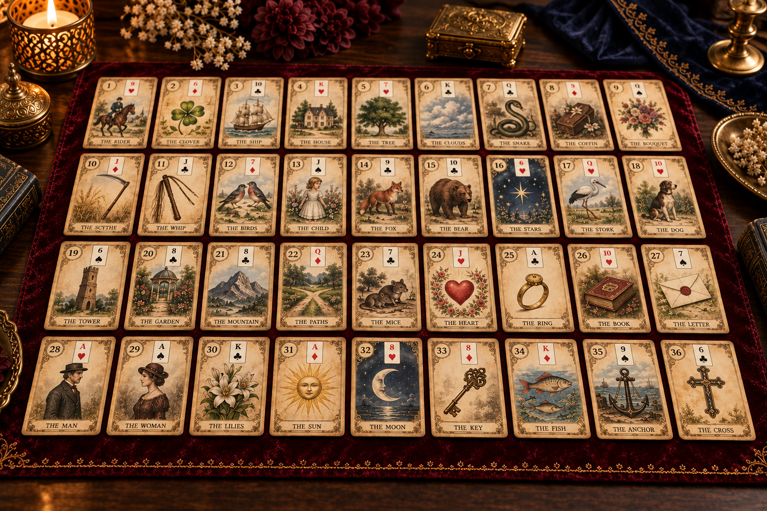 Illustrative complete 36-card Lenormand Grand Tableau arranged in four rows of nine on burgundy velvet, viewed from the reader's perspective.