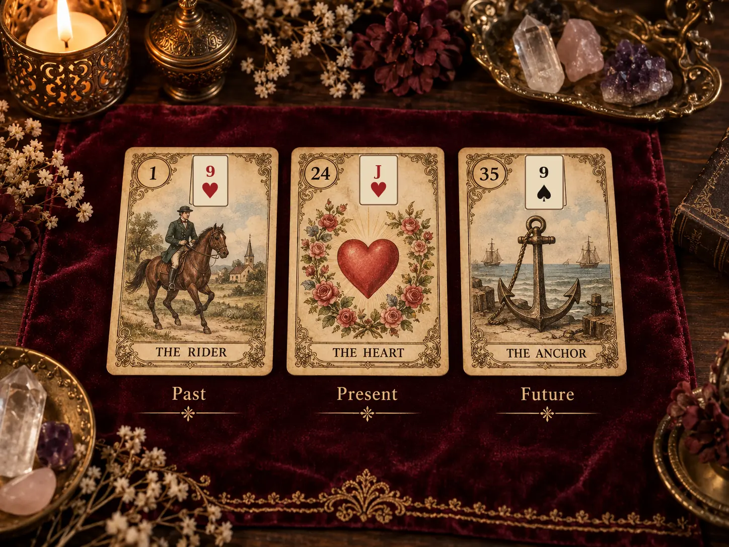 Illustrative three-card Lenormand spread on burgundy velvet.