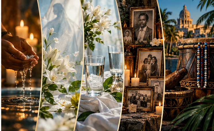 Five distinct illustrated panels introduce prayer, Espiritismo, the bóveda espiritual, ancestors and Egun, and living Lucumí through water, flowers, glasses, family portraits, and music.