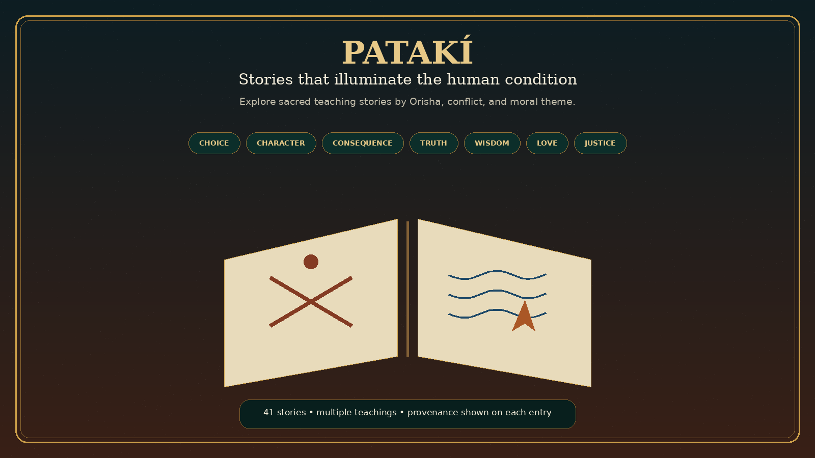 Editorial illustration for the Patakí library, presenting sacred teaching stories as lessons in choice, character, consequence, truth, wisdom, love, and justice.